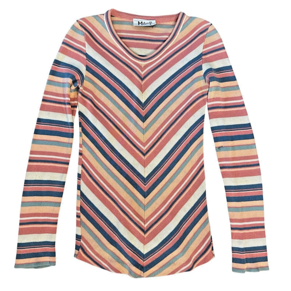 Vintage 1970s Melange Chevron Stripe Stretchy Knit Sweater Top Boho Women's XS
